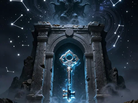 Eldritch Key and Ancient Gate Under Cosmic Constellations