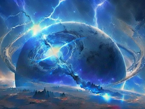 Electric Blue Cosmic Planet with Rings and Lightning