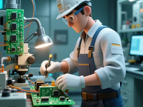 Electric Engineer Working on Circuit Boards in Lab