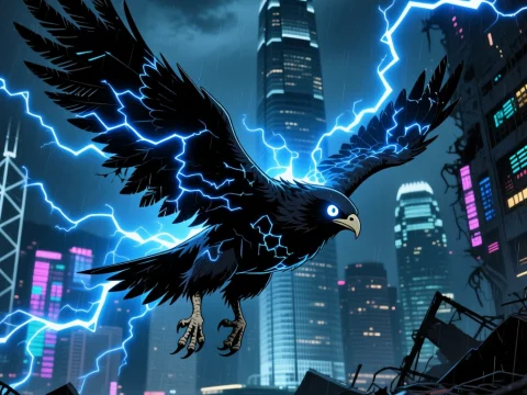 Electric Falcon Soaring Over Futuristic Cityscape