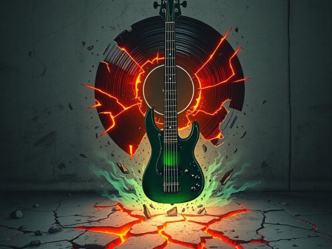 Electric Guitar with Exploding Vinyl and Cracked Concrete