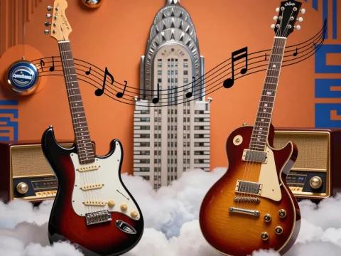 Electric Guitars Floating with Musical Notes in Retro Setting