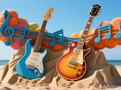 Electric Guitars with Musical Note Clouds on Beach