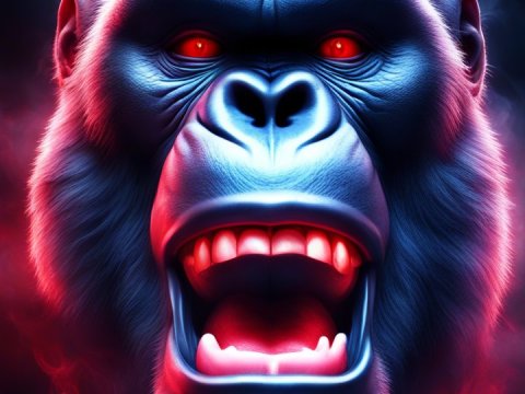 Electric Neon Gorilla Head with Fiery Red Eyes