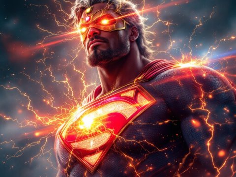 Electric Superhero with Glowing Eyes and Emblem