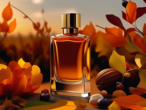 Elegant Amber Perfume Bottle with Autumn Leaves
