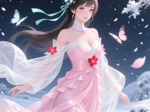 Elegant Anime Girl in Flowing Pink Dress with Butterflies