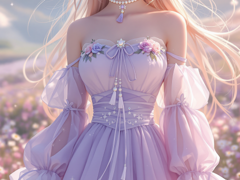 Elegant Anime Girl in Lavender Dress with Floral Crown