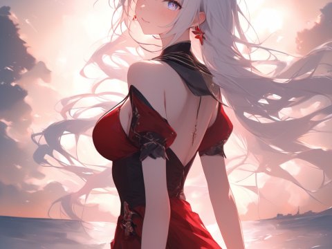 Elegant Anime Girl in Red Dress by the Ocean at Sunset