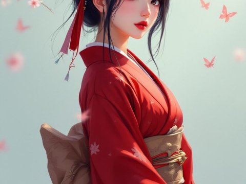 Elegant Anime Girl in Red Kimono with Cherry Blossoms