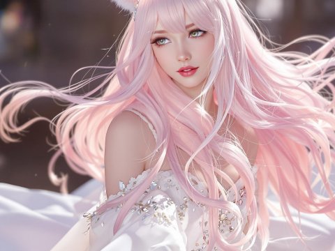 Elegant Anime Girl with Pink Hair and Fox Ears