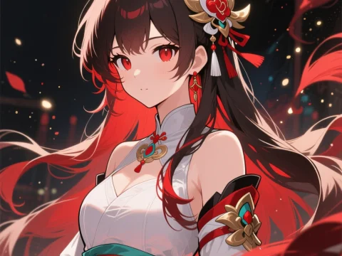 Elegant Anime Girl with Red and Black Hair in Traditional Attire