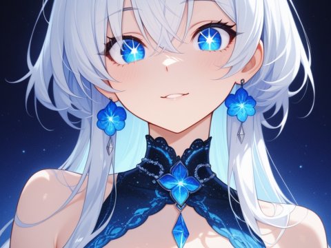 Elegant Anime Girl with Shimmering Blue Eyes and Floral Dress