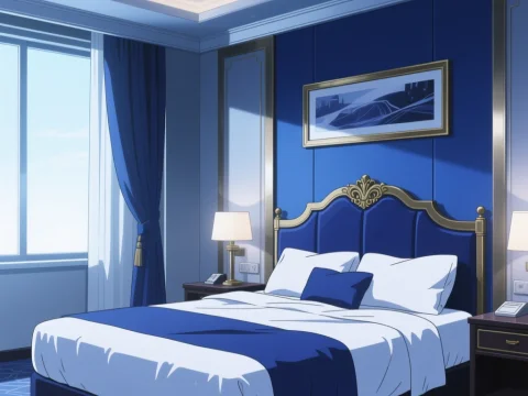 Elegant Anime Hotel Room with Blue and Gold Decor