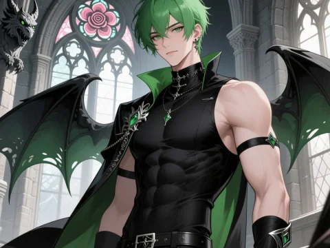 Elegant Anime Male with Green Hair and Dragon Wings in Gothic Cathedral