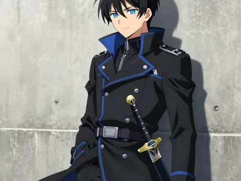 Elegant Anime Soldier with Sword in Black Uniform