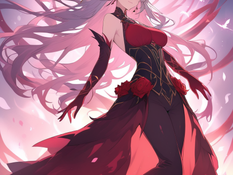 Elegant Anime Sorceress with Flowing Silver Hair and Red Dress