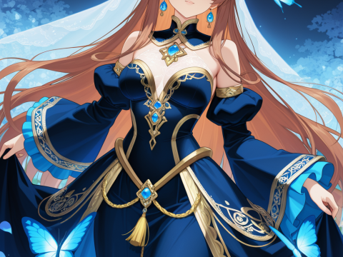 Elegant Anime Woman in Blue and Gold Chinese-Inspired Gown