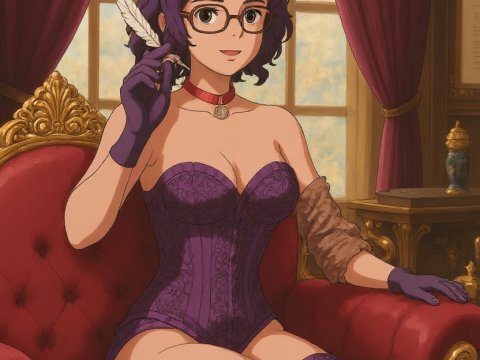Elegant Anime Woman in Purple Corset Sitting on Red Throne