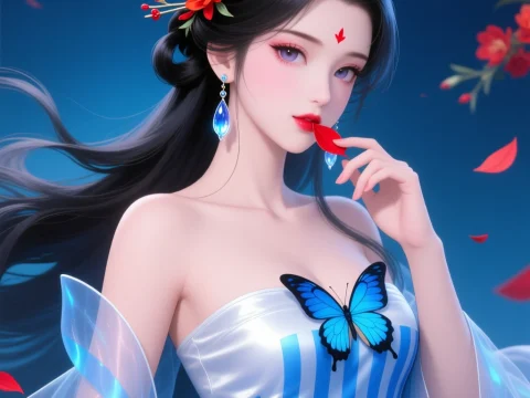 Elegant Anime Woman with Blue Butterfly and Red Flowers