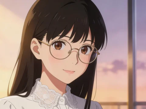 Elegant Anime Woman with Glasses at Sunset
