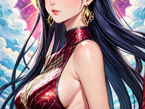 Elegant Anime Woman with Red Scales and Radiant Halo