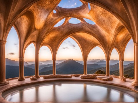 Elegant Arched Pavilion Overlooking Mountain Landscape at Sunset