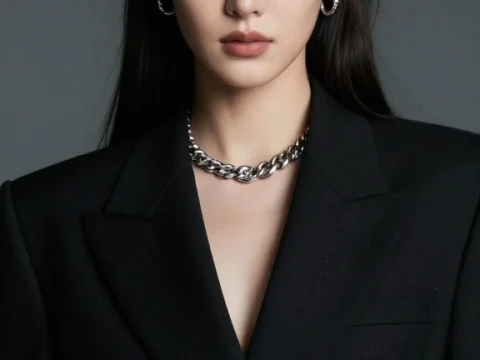 Elegant Asian Woman in Designer Cap and Black Blazer