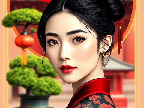 Elegant Asian Woman in Traditional Dress with Lunar New Year Decorations