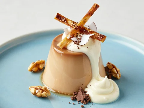Elegant Avant-Garde Dessert with Cream and Nut Garnish