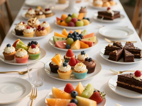 Elegant Birthday Feast with Cupcakes, Cakes, and Fresh Fruit