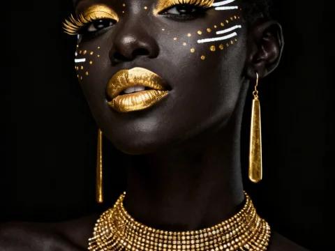 Elegant Black Beauty with Gold Makeup and Jewelry