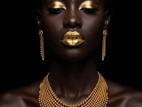 Elegant Black Beauty with Gold Makeup and Jewelry