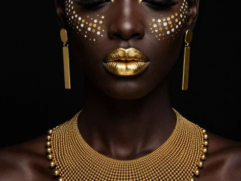 Elegant Black Beauty with Gold Makeup and Jewelry