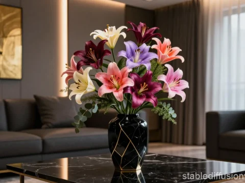 Elegant Black Marble Vase with Colorful Lilies in Modern Living Room