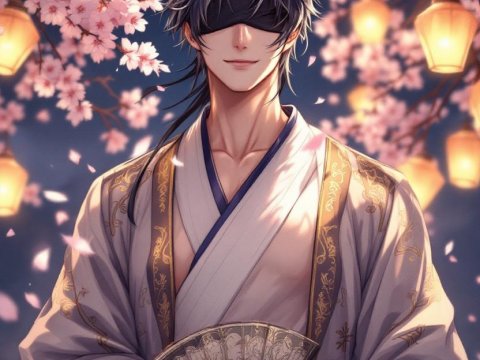 Elegant Blindfolded Man in Traditional Robe with Cherry Blossoms