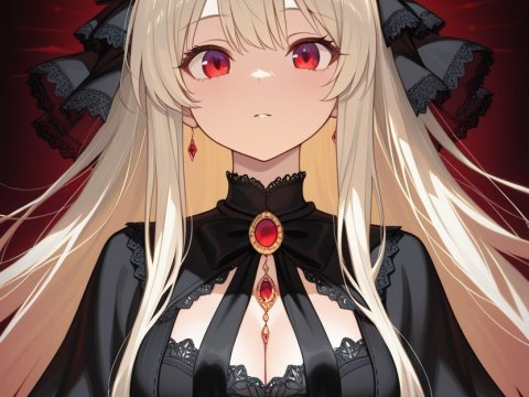Elegant Blonde Anime Girl with Red Eyes and Gothic Attire