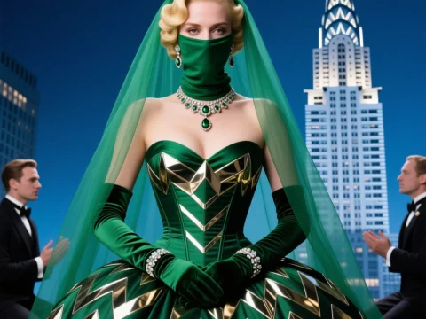 Elegant Blonde Baroness in Green and Gold Evening Gown