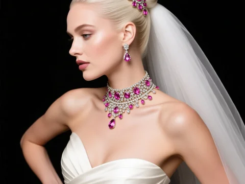Elegant Blonde Bride with Ruby Jewelry and Veil