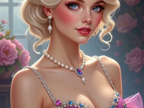 Elegant Blonde Woman in Ornate Purple Dress with Jewels