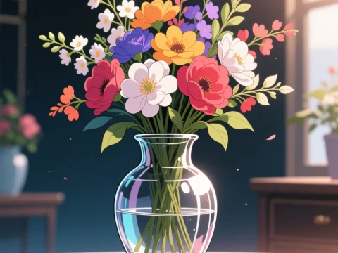 Elegant Bouquet in Glass Vase with Soft Sunlight