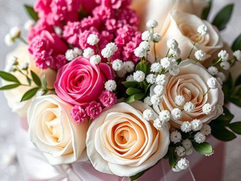 Elegant Bouquet of Cream and Pink Roses with Baby's Breath