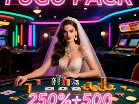 Elegant Bride at Neon-Lit Casino Table with Poker Chips