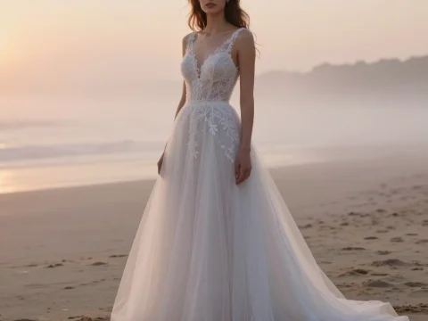 Elegant Bride in Lace Wedding Dress on Misty Beach at Sunset