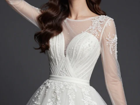 Elegant Bride in Sheer Long-Sleeve Embroidered Wedding Dress