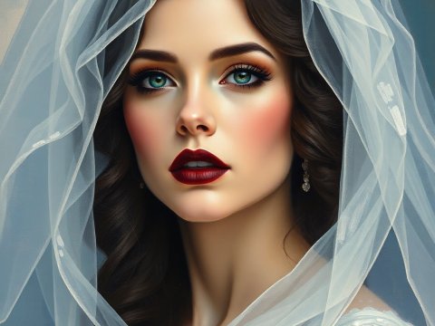 Elegant Bride with Luminous Veil and Striking Makeup