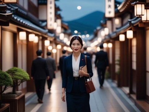 Elegant Businesswoman Walking in Traditional Japanese Street at Dusk