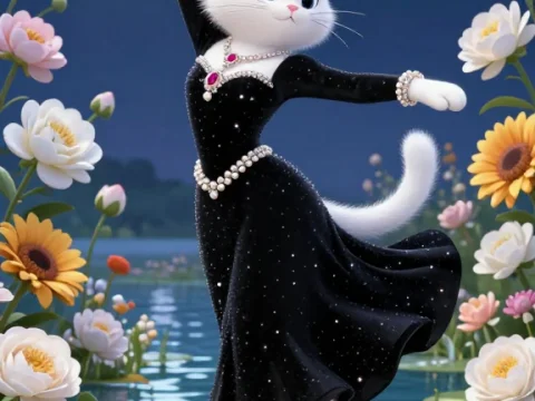 Elegant Cat Queen Dancing on a Lotus Flower Under the Moonlight