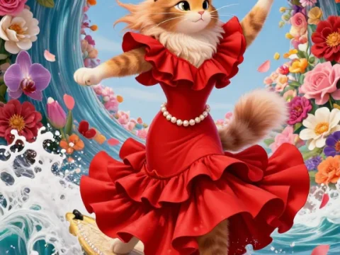 Elegant Cat Surfing in a Floral Wave