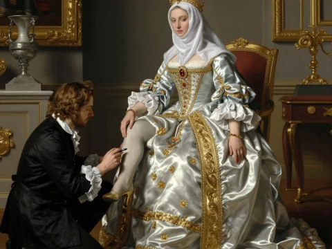 Elegant Countess in Ornate Satin Gown with Crown